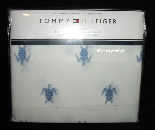 Tommy Hilfiger Sea Turtle Queen Sheet Set of 4 - Cotton Blend White Blue - New