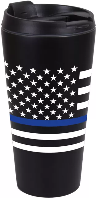 Thin Blue Line Travel Coffee Mug Insulated Cup 16oz Black Thermos US Flag