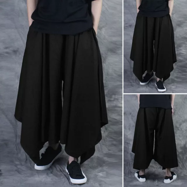 INCERUN Men Casual Retro Harem Japanese Skirt Trousers Hakama Baggy Long Pants.