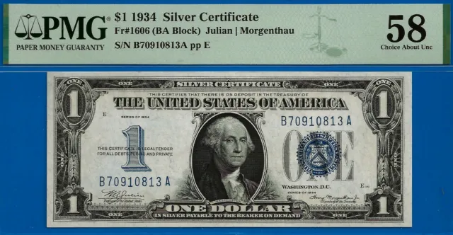 1934 $1 Silver Certificate PMG Almost Uncirculated 58 popular wanted Fr 1606