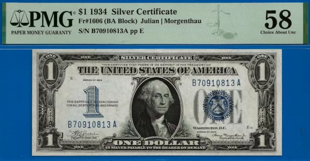 1934 $1 Silver Certificate PMG Almost Uncirculated 58 popular wanted Fr 1606