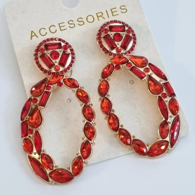 Fashion Jewellery Earrings Large Oval Red  Glass Sparkling Earrings