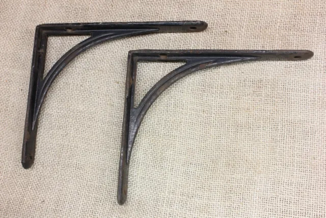 2 Old Shelf Supports Brackets 5 X 6” Rustic Black Paint Cast Iron Vintage 1800’s