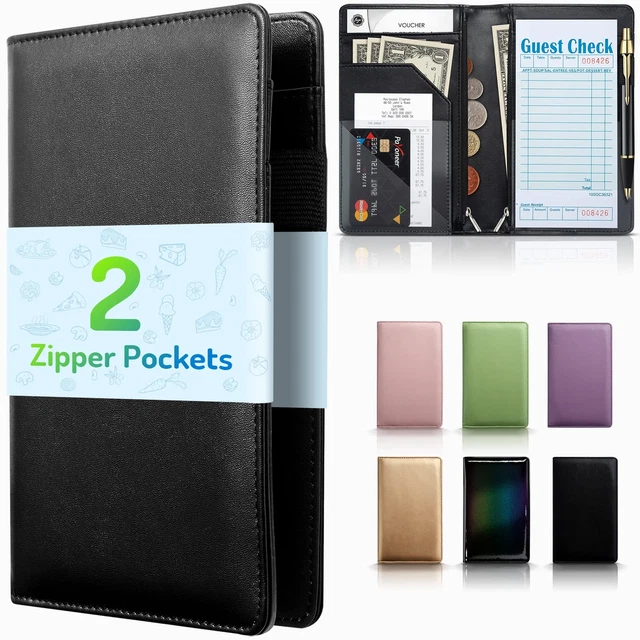 Server Book with 2 Zipper Pockets, Leather Server Books for Waitress (Black)