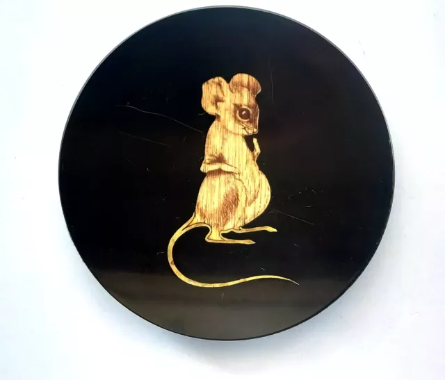 Vintage MCM COUROC of Monterey mouse inlay wood brass plastic plate tray barware
