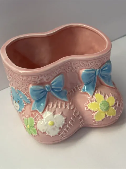 Vintage Pink Baby Booties Planter Vase Blue Ribbon Ceramic Nursery Glazed Japan