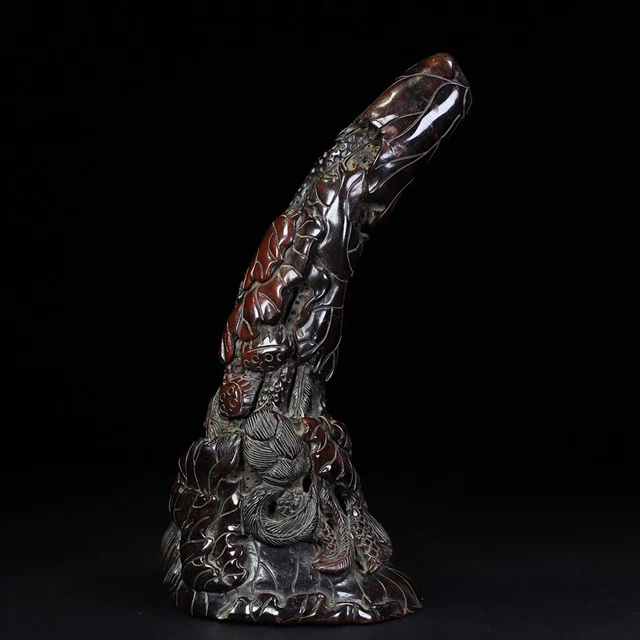 Collect Old Ox Horn Bull Horn Hand-carved Exquisite Lotus Flower Horn Statue 002