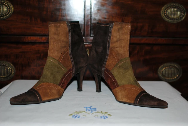 Bottines femme, LODI,cuir retourné marron multicolore, pointure 37, talon 8 cm.