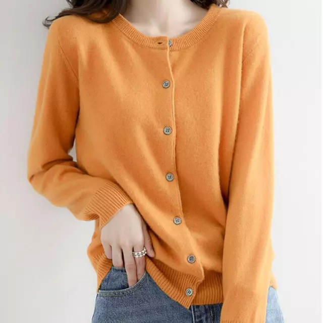 Women's Cashmere Blend Cardigan Sweater Solid Color Simple Crew Neck Jacket Coat