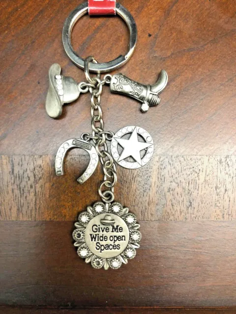 Western Key Ring  Give Me Wide Open Spaces  With Cowboy Boot Hat Horseshoe Star
