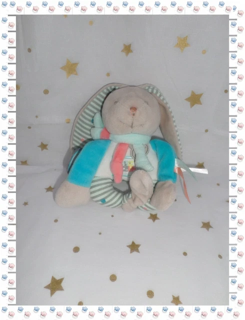 Doudou Hochet Lapin Happy Gris Bleu Blanc Grelot  Doudou et Compagnie