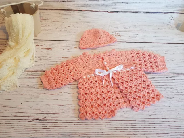 Baby cardigan and hat, Handmade, Crochet, Soft, Pink, 0-3 months