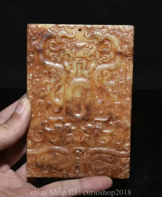 4.8 " Old Chinese Natural Hetian Jade Carved Dynasty Dragon Beast Pendant