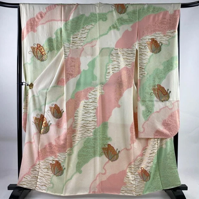 Japanese Kimono Furisode Pure Silk Butterfly Embroidery Gold Paint Cream