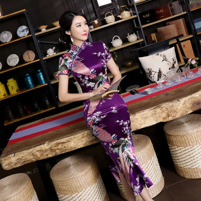 New Purple Satin Phoenix Cheongsam Chinese Long Dress Womens Qipao Luxurious