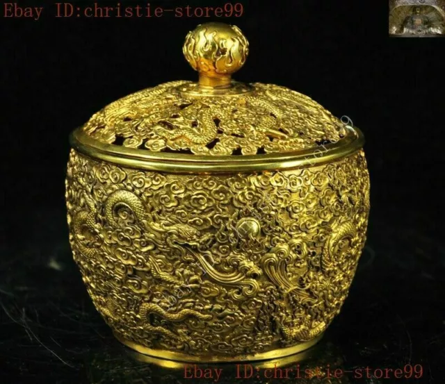 Chinese temple Bronze 24k gold Gilt lucky Dragon statue Incense burner Censer