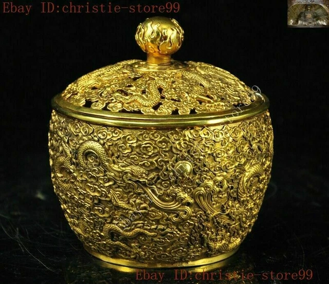 Chinese temple Bronze 24k gold Gilt lucky Dragon statue Incense burner Censer