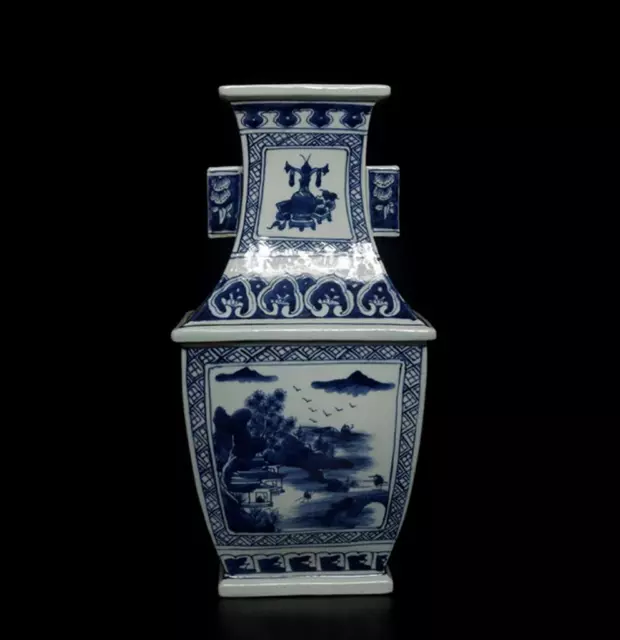 37CM Kangxi Old Signed Antique Chinese Blue & White Porcelain Vase w/ landscape