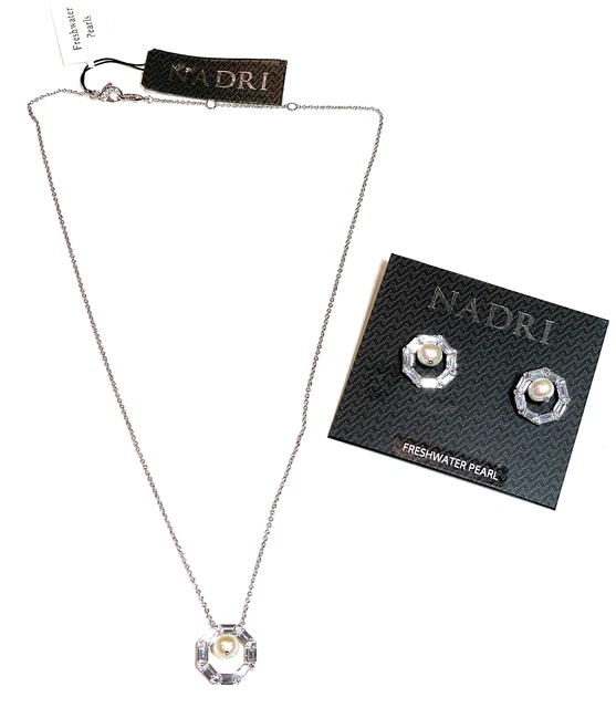 Nadri Freshwater Pearl and CZ Baguette Necklace & Earring Set Rhodium Plated NWT