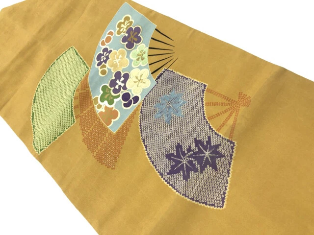 6380575: Japanese Kimono / Antique Nagoya Obi / Embroidery / Fan With Ume & Mapl