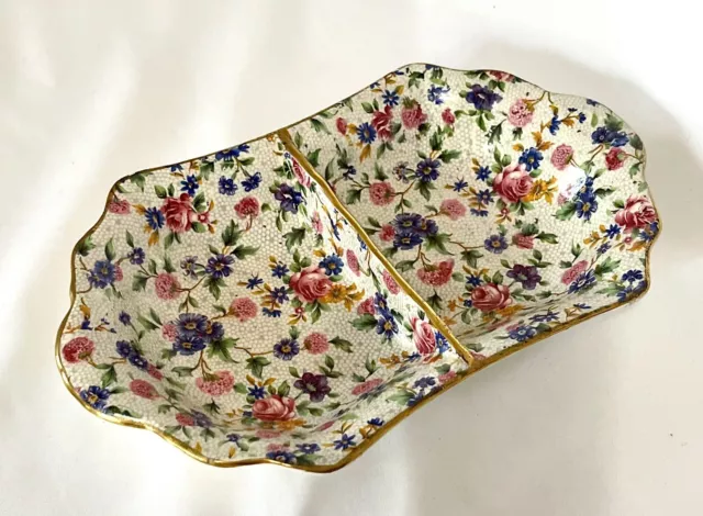 Vtg Pre-1960 Royal Winton Grimwades Ivory Old Cottage Chintz Divided Bowl