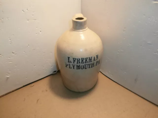 antique stoneware whiskey jug L. Freeman, Plymouth, PA 1/2 gallon, Lake Harmony