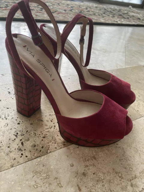 Via Spiga Womens Suede Ultra High Paige Platform Block Heels Wine 🍷 Size 38