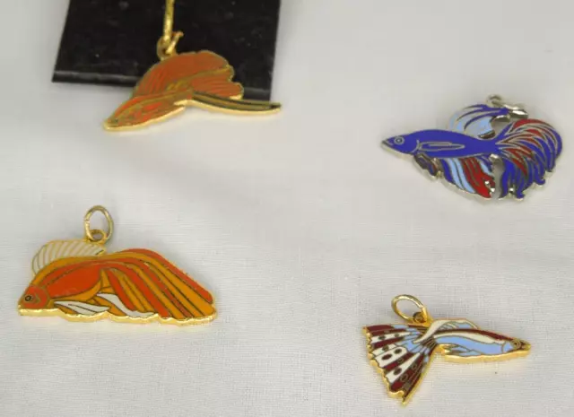 4 Enamel Cloisonne Fish 4 Charms Sword Tail, Fancy Tail Guppy, Gold Fish NOS *M