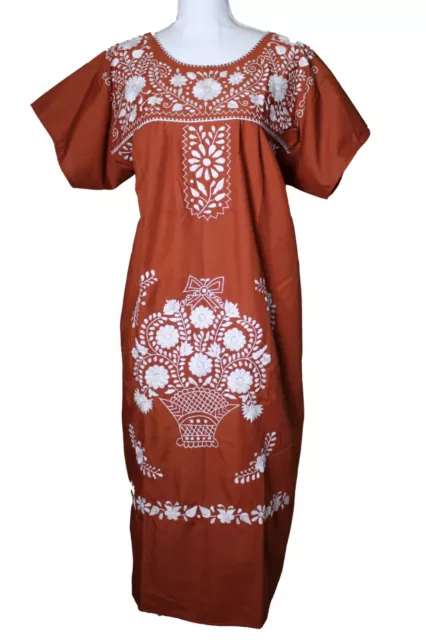 Burnt Orange White Mexican Dress Tunic Boho Hand Embroidered Puebla Dress