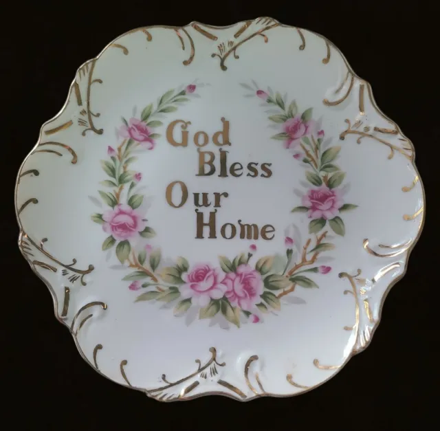Vintage Lefton Collectible Plate God Bless Our Home Prayer Roses Gold Scalloped