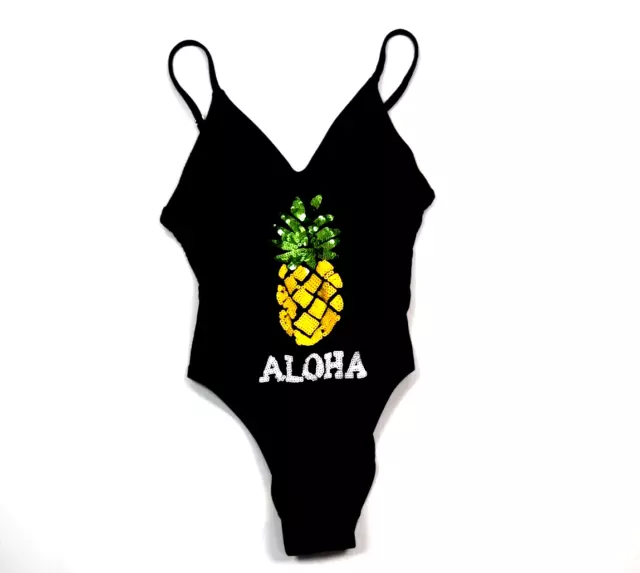 Xhilaration Juniors Black Aloha Pineapple Sequins One Piece Swim Suit Small