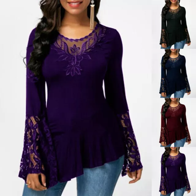 Womens Lace Long Sleeve Tunic Tops T-Shirt Ladies Casual Loose Blouse Pullover