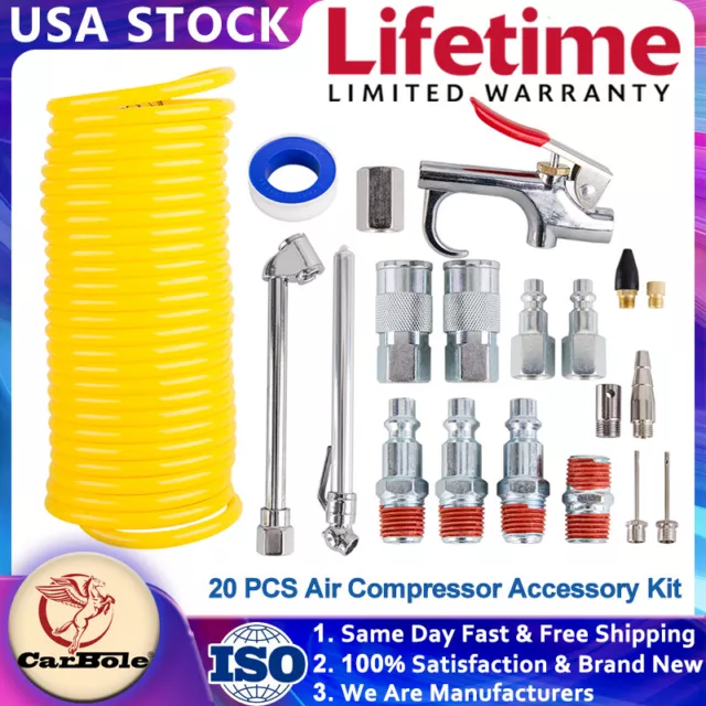 20pcs Air Compressor Accessory Kit 25Ft Recoil Hose Gun Nozzles Set 1/4" NPT NEW