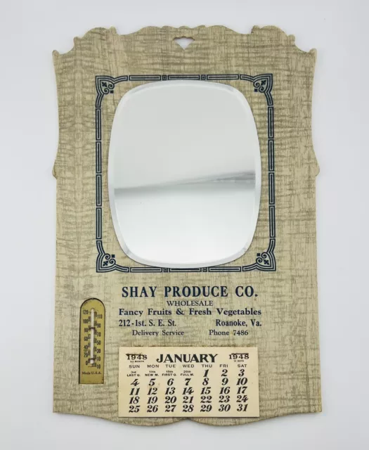 VINTAGE 1948 ART Deco Wall Calendar Advertising Thermometer Mirror