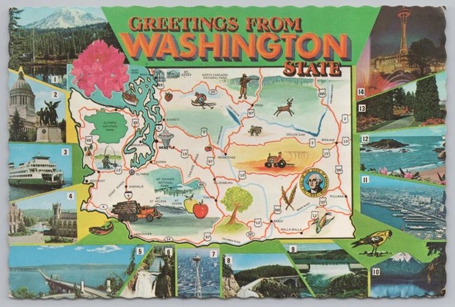 State View~14 Views & Map of Washington Key On Back~Continental Postcard