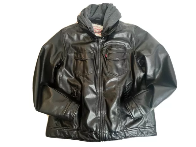 Mens Levis Faux Leather Racer Jacket Size Large Black Motorcycle Fleece Hood