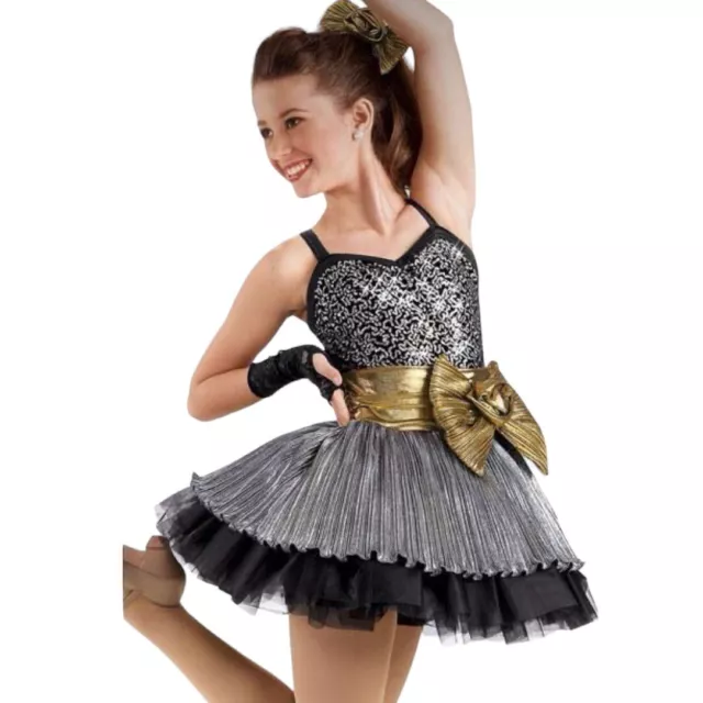 Weissman Dance Costume Tutu Dress Black Silver Sequin Gold Bow SA Womens 6879