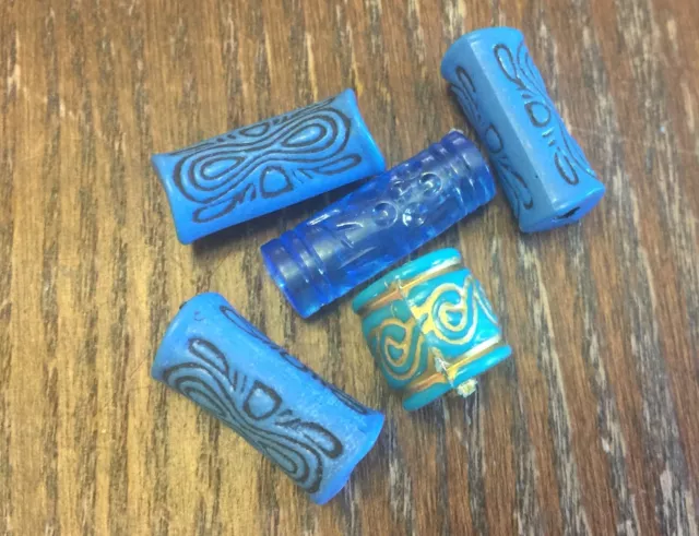 Vintage Japan Mix Blue Inscribed Texture Etruscan Tube Barrel Lucite Bead Lot