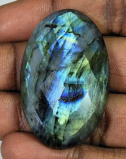 80Cts.Natural Labradorite Multi Checker Cut Oval Cabochon Loose Gemstone