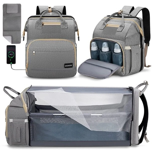 Derjunstar Baby DiaperBag Backpack, Diaper Changing Station, Portable Crib Gray