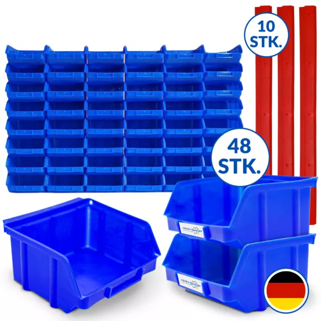 48 blaue Stapelboxen Gr. 1 Lager Blau Sichtlagerkästen Sortierbox Wandmontage