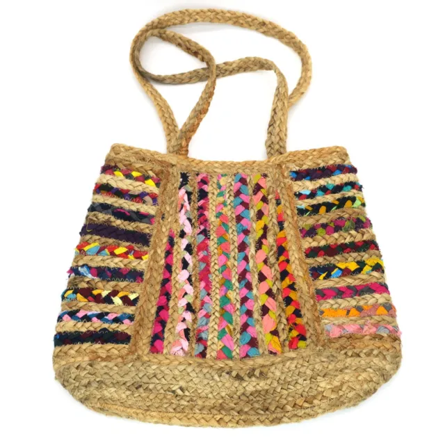 Bohemian Jute Tote Handbag Shopping Bag Multi-Color Rainbow Market Purse