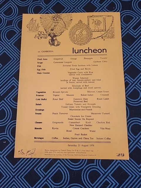 P&O SS Canberra Dorrit Deck Luncheon Menu 1976 Menu Vintage Cruise Ship Ephemera