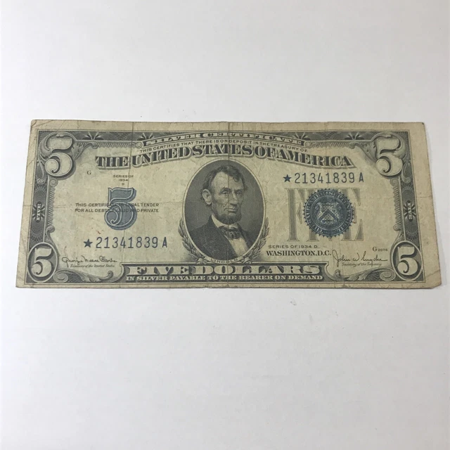 1934D $5 Dollar Bill Star Silver Certificate Blue Seal A Key Note