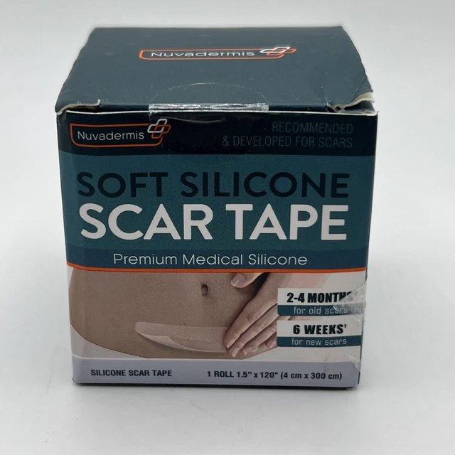 Rollo de cinta cicatriz de silicona suave 1.5"" X 120"" Nuvadermis ® reutilizable sellado expiración 09/25
