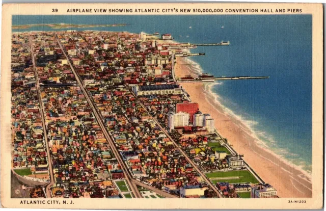 Aerial View Atlantic City NJ Convention Hall, Piers c1937 Vintage Postcard D06