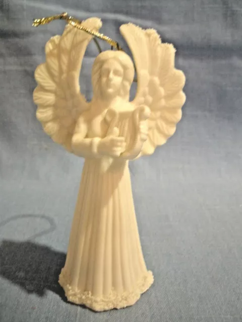 Vintage Autom Angel W/Harp Bell Ornament~Spaghetti Trim~Porcelain Bisque~4"