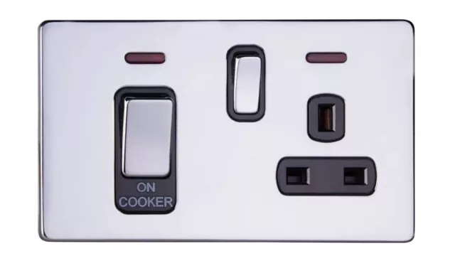 Cooker Socket Switch 45A With Switched 13A Socket Chrome Black Inserts