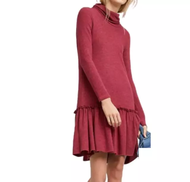 Anthropologie Dress Womens Medium Red Turtleneck Drop-Waist Ruffle Hem Tunic