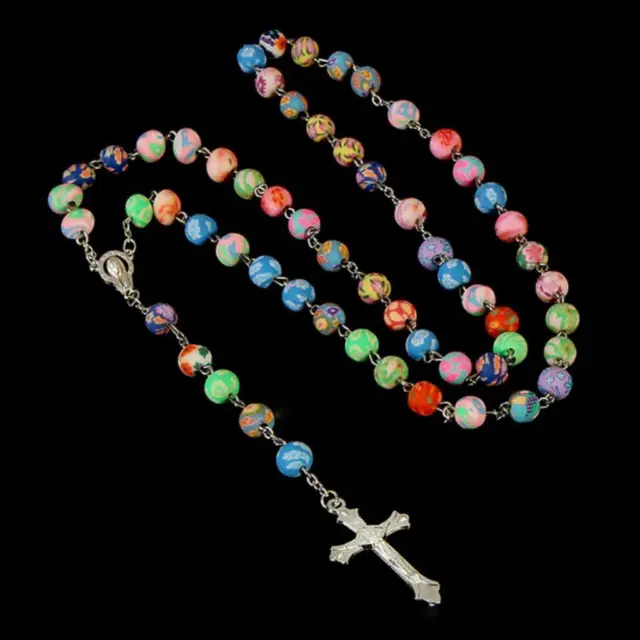 COLORFUL ROSARY 30" Necklace 6" Drop 8mm Fimo Clay Prayer Bead Catholic Crucifix